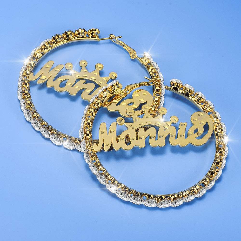 Gold Plated Personalized Hoop Name Earrings with Crown-silviax