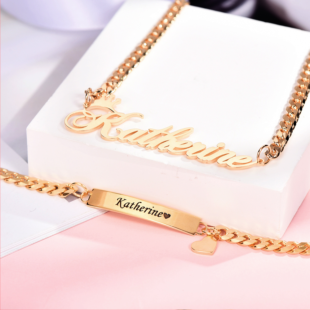 Personalized Crown and Heart Name Necklace and Bar Bracelets for Babies Kids Set-silviax