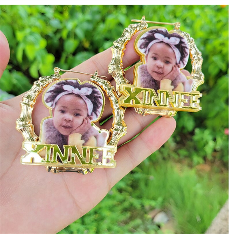 Acrylic Portrait Photo with Name Custom Gold Plated Bamboo Earrings