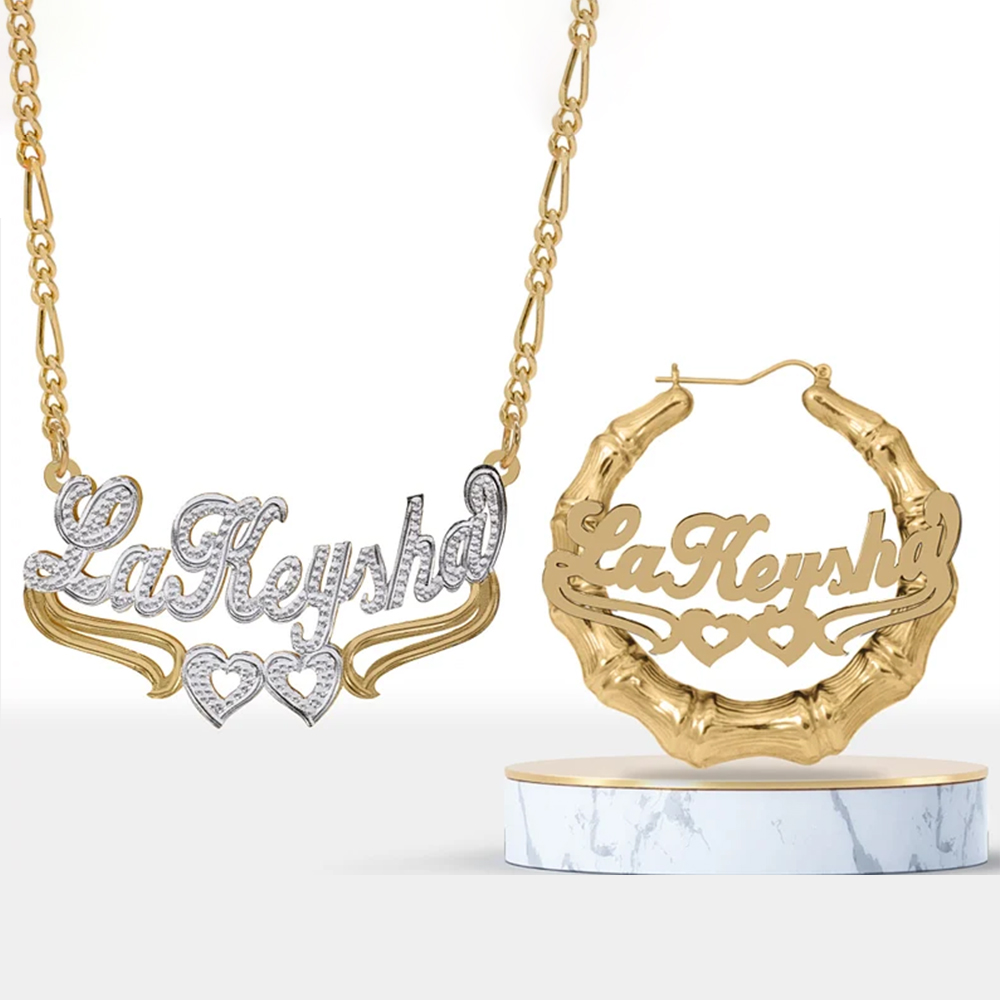 Two Tone Double Heart Personalized Name Necklace and Bamboo Earrings Set-silviax