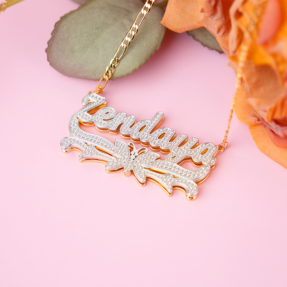 Double Layer Two Tone Butterfly Nameplate Gold Plated Personalized Custom Name Necklace-silviax