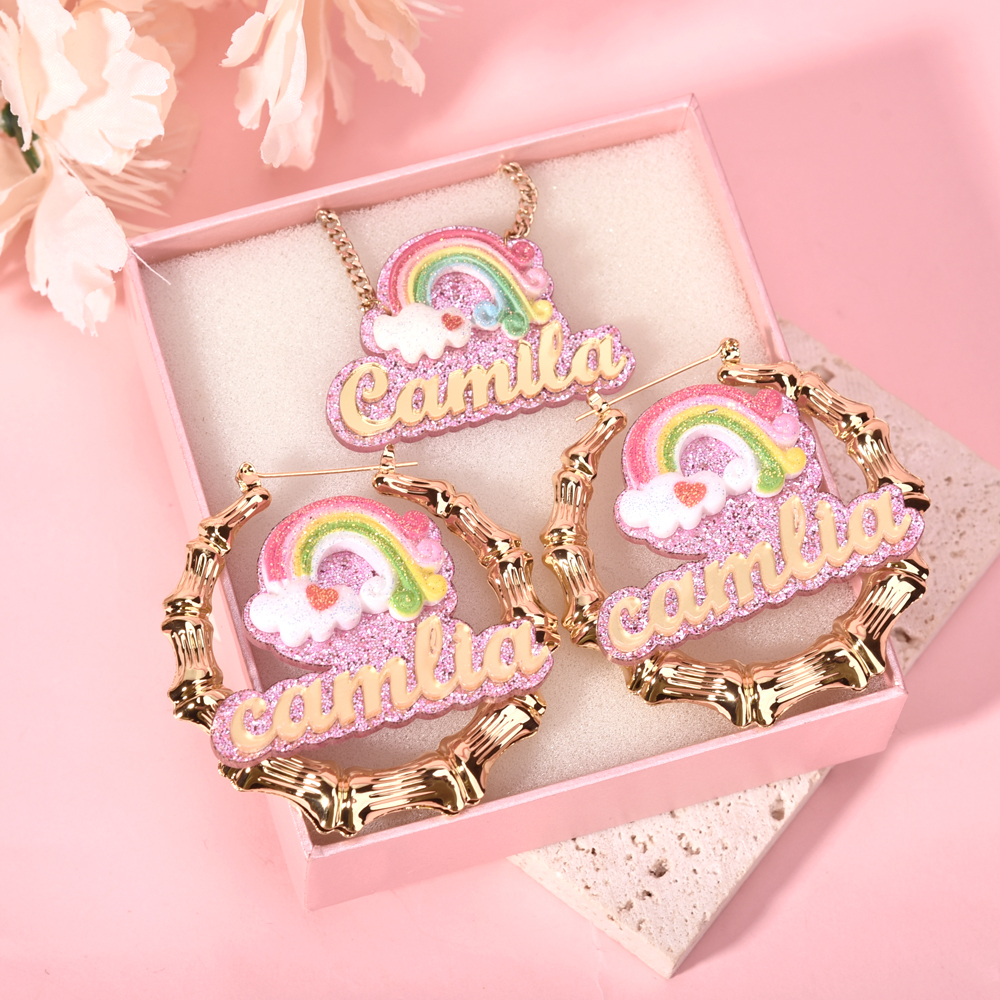 Cute Rainbow Acrylic Personalized Colorful Name Necklace and Bamboo Earrings Set-silviax