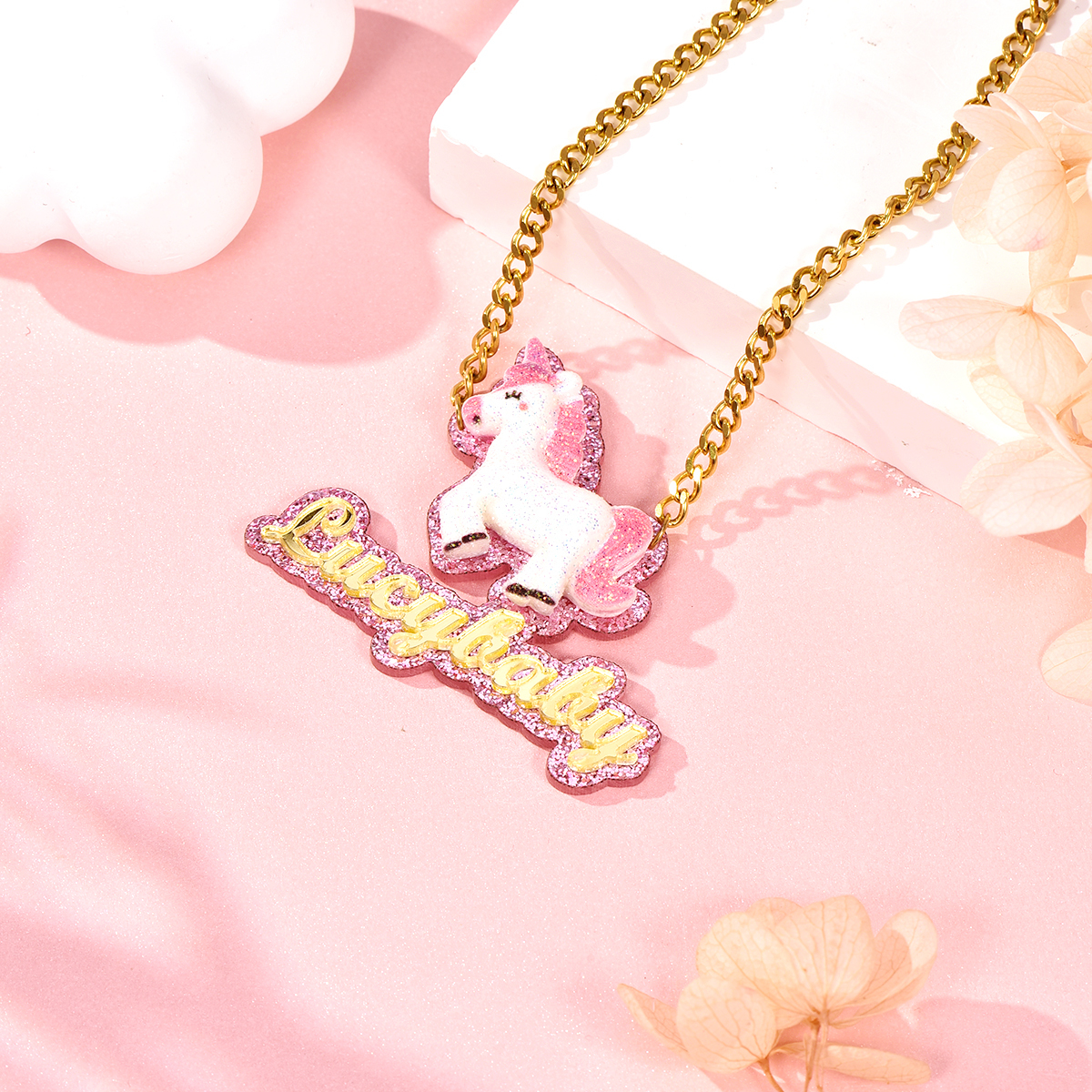 Happy Unicorn Acrylic Personalized Gold Plated Name Necklace-silviax