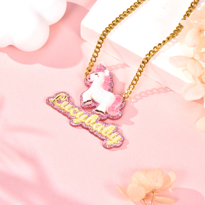 Happy Unicorn Acrylic Personalized Gold Plated Name Necklace-silviax