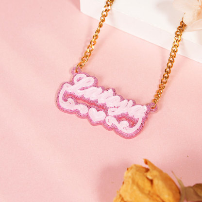 Pink Personalized Double Plate Acrylic Heart Name Necklace-silviax