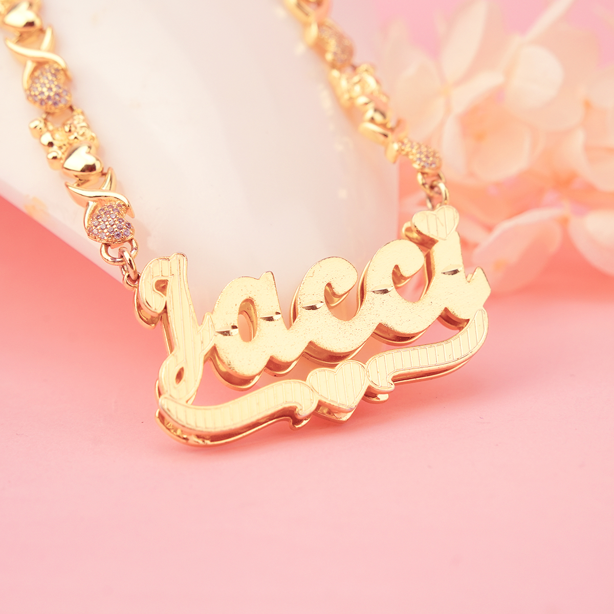 Teddy XOXO Chain Double Layer Heart Personalized Custom Gold Plated Name Necklace