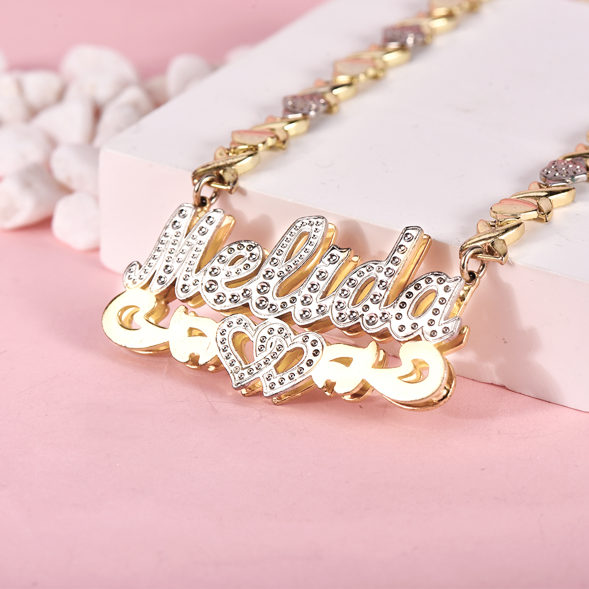 Double Layer Two Tone Hollow Heart with XOXO Heart Chain Personalized Custom Name Necklace