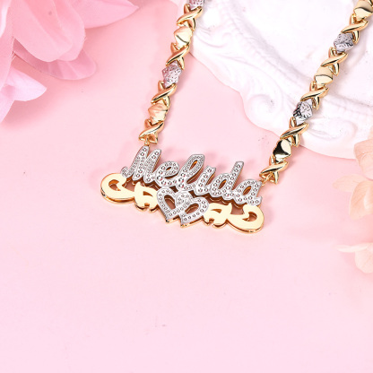 Double Layer Two Tone Hollow Heart with XOXO Heart Chain Personalized Custom Name Necklace-silviax