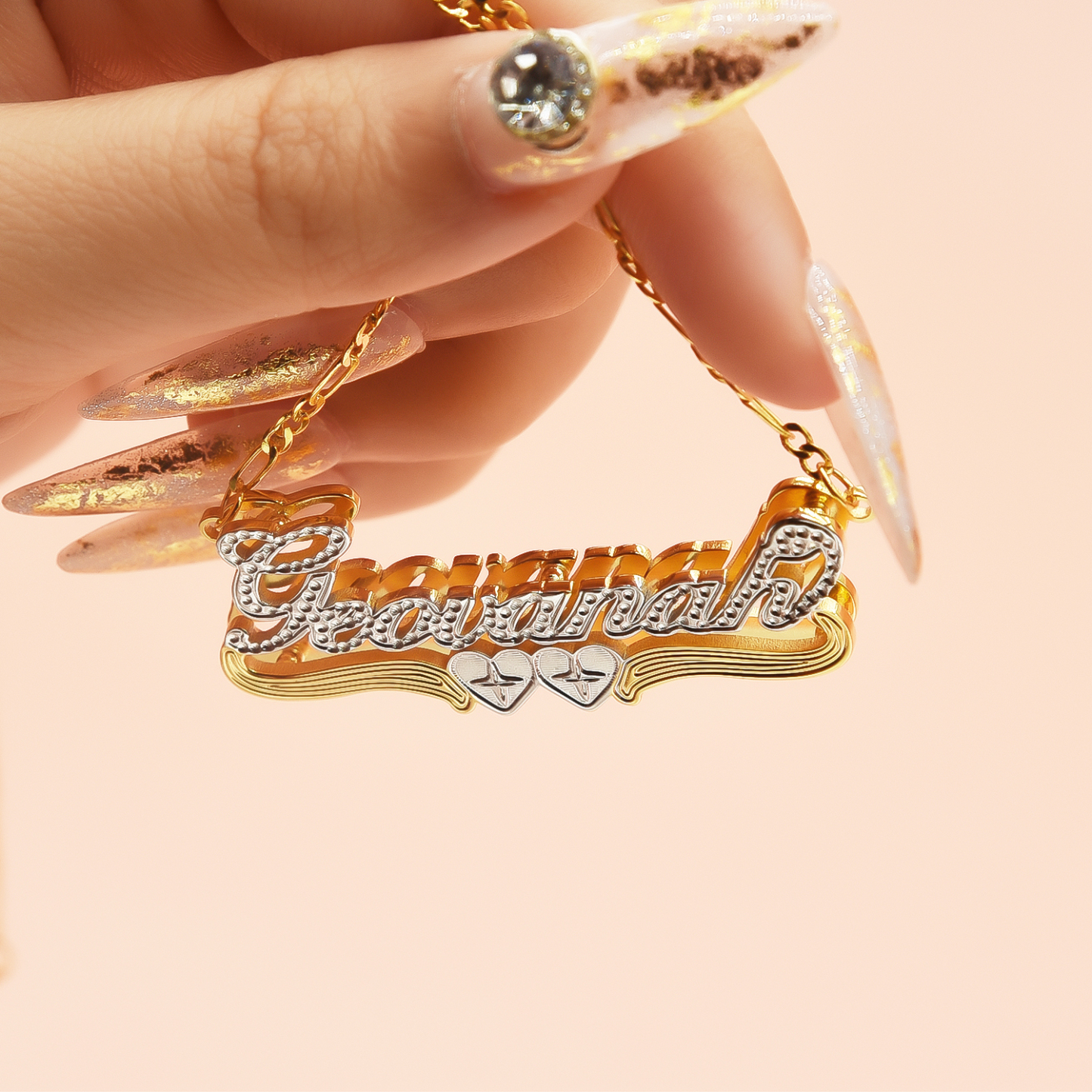 Two Tone Double Plate Gold Plated Personalized Two Heart 3D Name Necklace