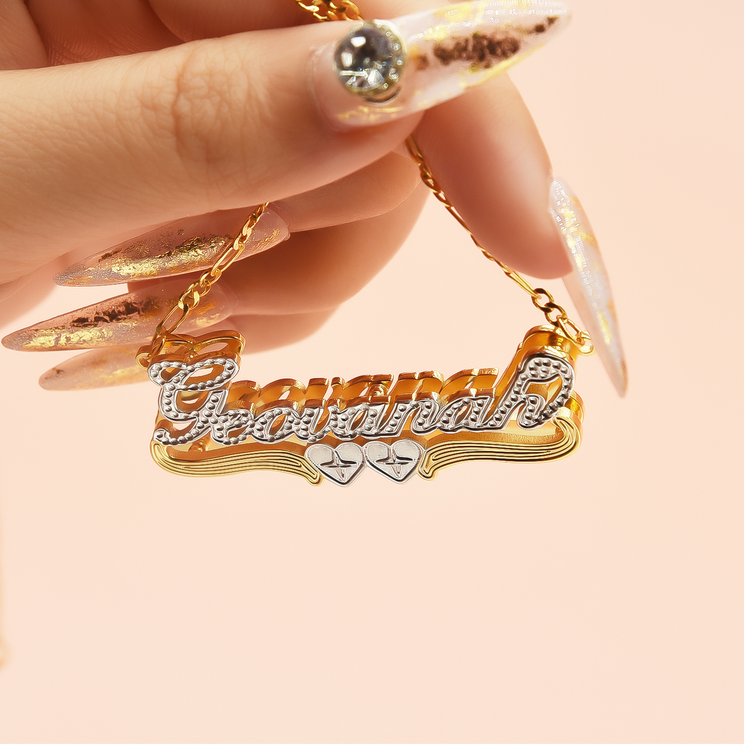 Two Tone Double Plate Gold Plated Personalized Two Heart 3D Name Necklace