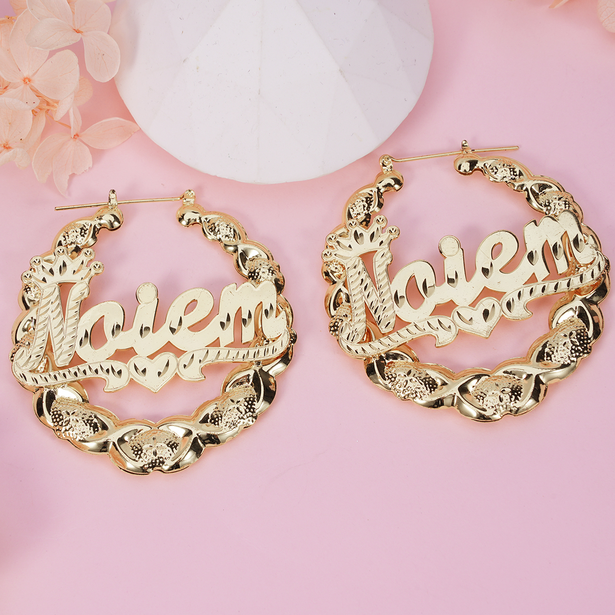 XOXO Bamboo Earrings with Crown Heart Personalized Custom Gold Plated Name Earrings