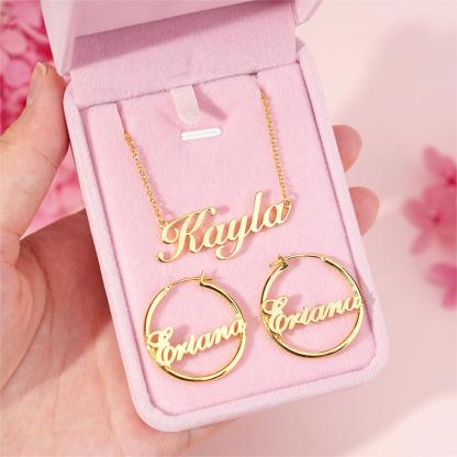 Personalized Custom Jewelry Set 2pcs Gold Plated Name Necklace Name Hoop Earrings