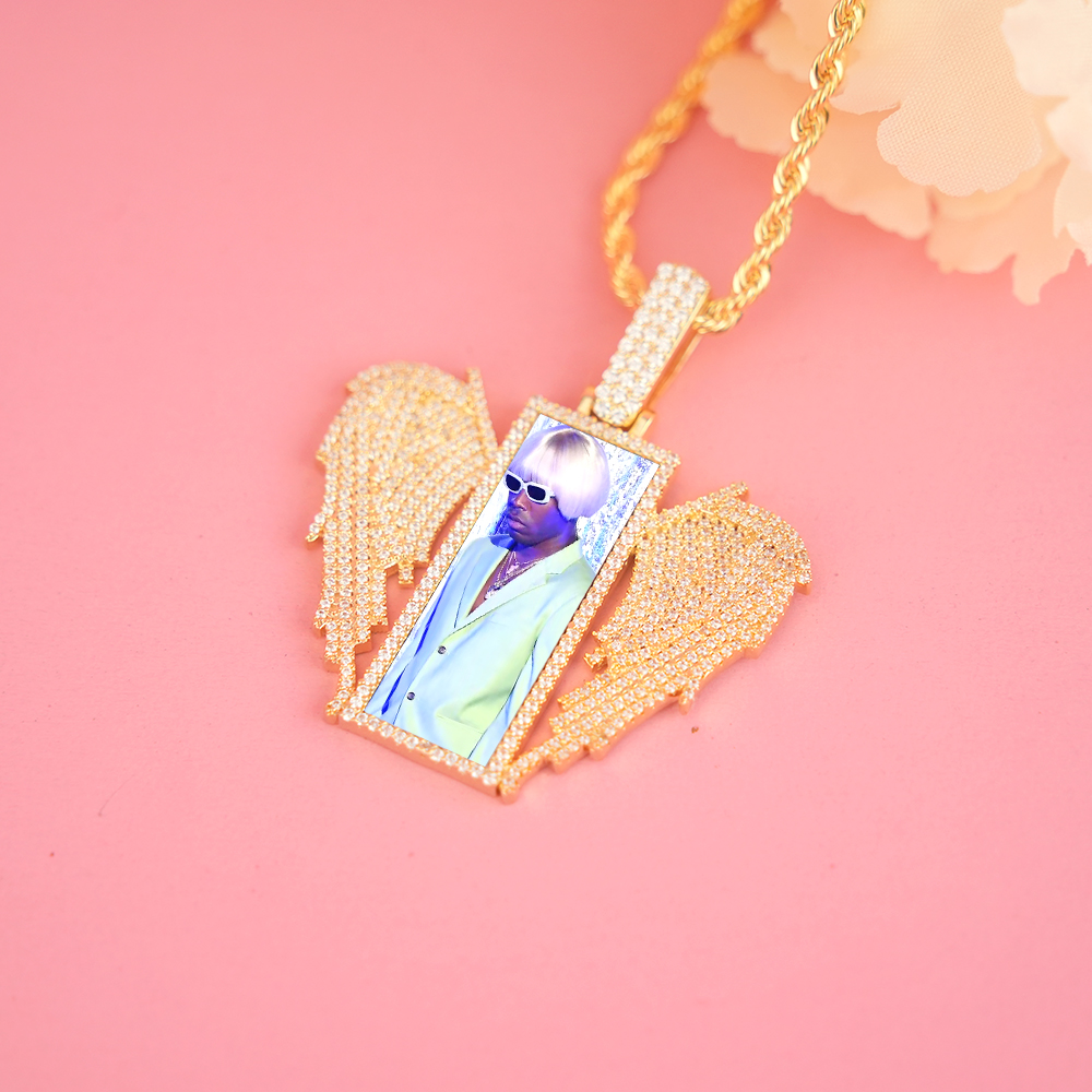 Angel Wings Rectangular Photo Frame Pendant Custom Necklace with Zircon Hip Hop Style-silviax