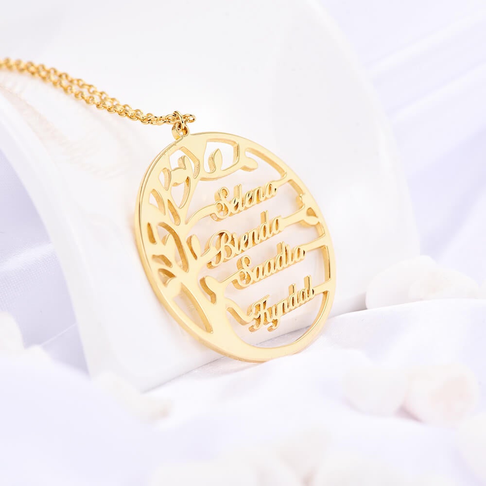 2 To 4 Names Round Tree of Life Personalized Custom Gold Plated Family Necklace-silviax