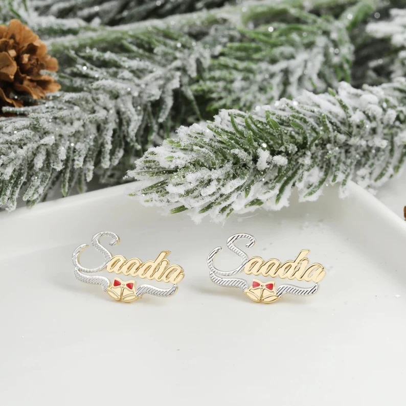 Two Tone Nameplate with Christmas Bell Personalized Custom Gold Plated Name Stud Earrings