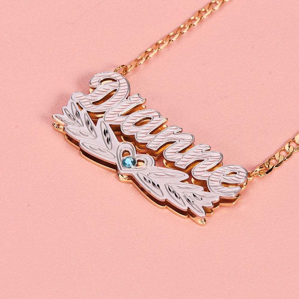Double Layer Two Tone Wing Heart Nameplate with Birthstone Personalized Custom Gold Plated Name Necklace-silviax
