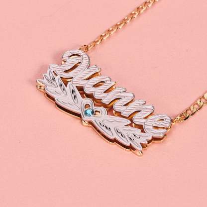 Double Layer Two Tone Wing Heart Nameplate with Birthstone Personalized Custom Gold Plated Name Necklace-silviax