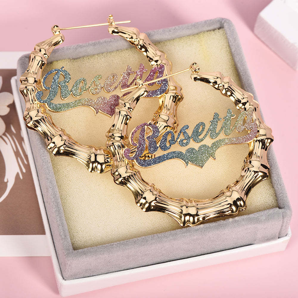 Colorful Nameplate with Heart Personalized Bamboo Name Hoop Earrings-silviax