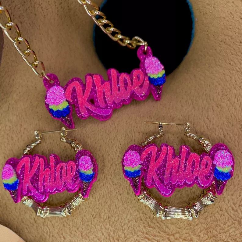 [Copy]Multicolor Glitter Custom Name Jewelry Set Personalized Name Necklace Bamboo Hoop Earrings Set