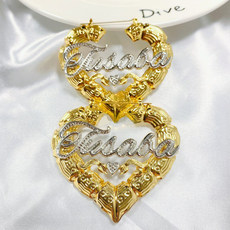 Two Tone Gold Plated Personalized Custom Heart Bamboo Name Earrings with Heart-silviax