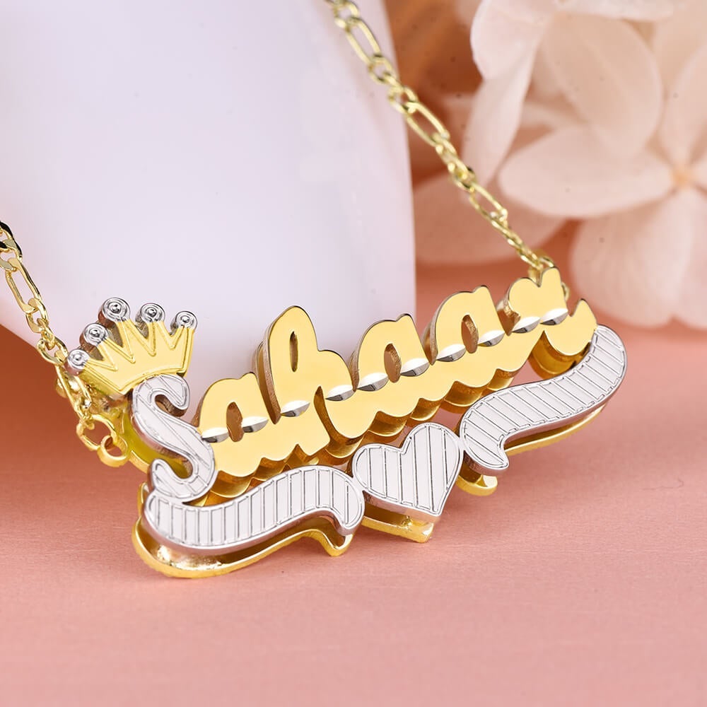Crown Custom Letter Initial Necklace and Two Tone Double Layer Name Necklace Gold Plated Set-silviax