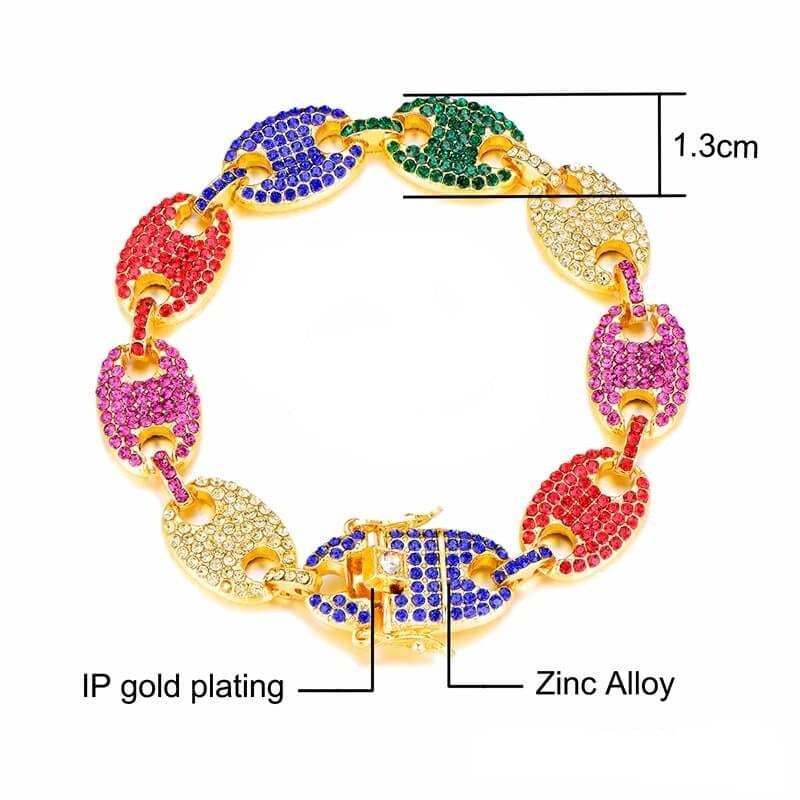 13mm Multi-Colors Pig Nose Link Chain Gold Plated Necklace and Bracelet Set-silviax
