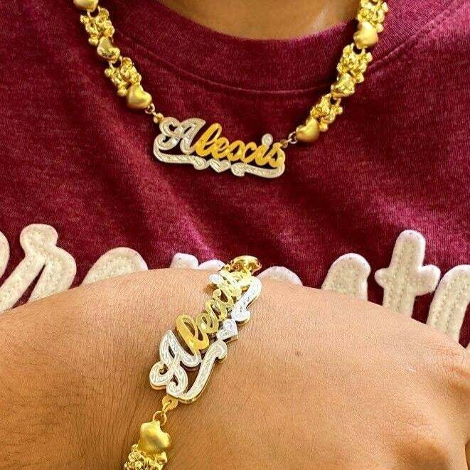 Double Layer Two Tone Teddy Bear XOXO Chain with Heart Personalized Custom Gold Plated Name Necklace and Bracelet Set-silviax
