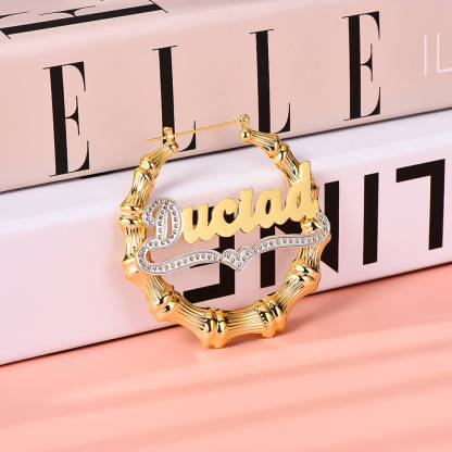 Personalized Bamboo Double Plated Two Tone Name Hoop Earrings-silviax