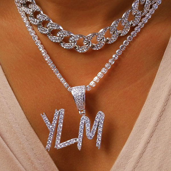 Custom Personalized Baguette Zircon 2 to 7 Letters Pendant Initial Necklace Tennis Chain