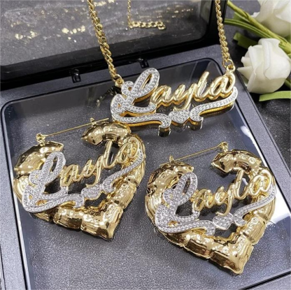 Personalized Double Layer Two Tone with Heart Name Necklace and Heart Shaped Bamboo Earrings Set-silviax