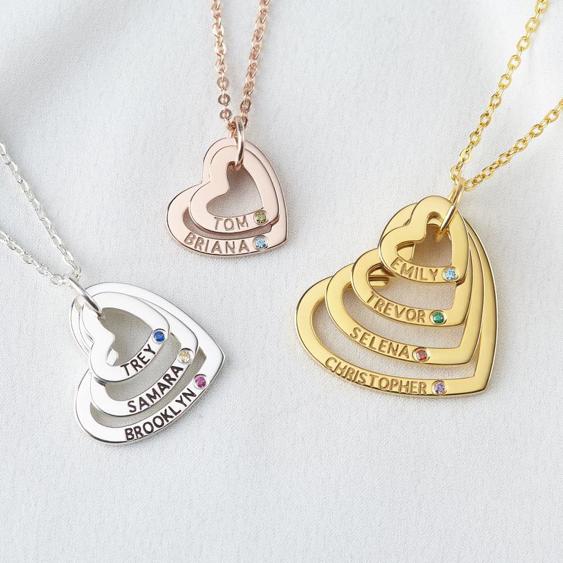 Personalized Family Heart Necklace with 2 To 4 Kids Name with Birthstone-silviax