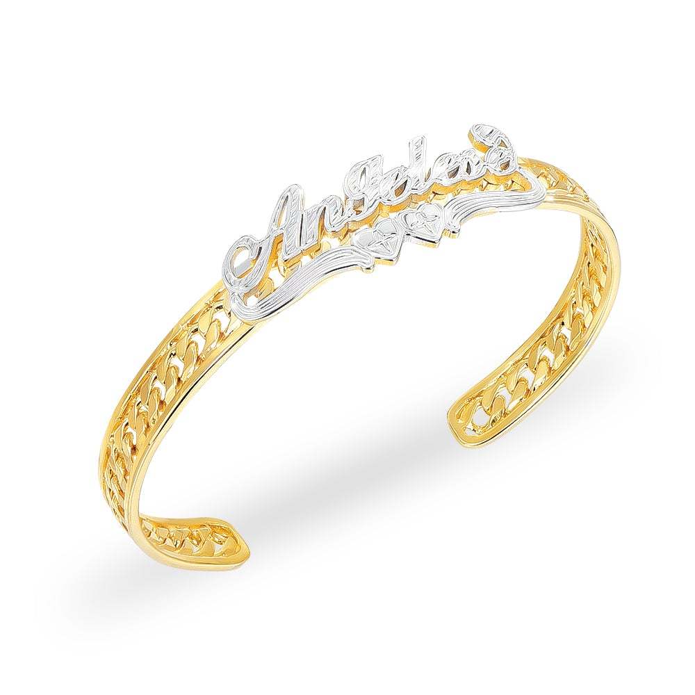 Two Tone Personalized Gold Plated Name Bangle Bracelet with Heart-silviax