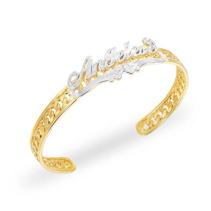 Two Tone Personalized Gold Plated Name Bangle Bracelet with Heart-silviax