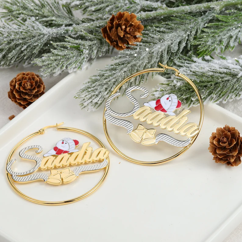 Christmas Hoop Earrings Snowman and Bell Nameplate Personalized Name Earrings Gold Plated
