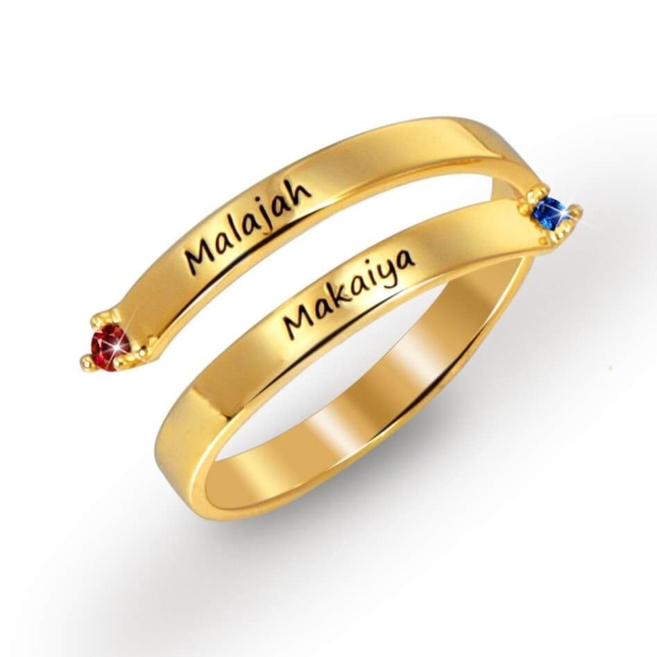 Gold Plated Personalized Birthstone Engraved 2 Name Ring-silviax
