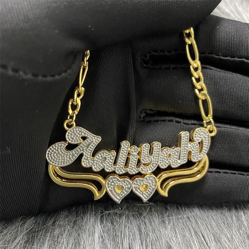 Double Layer Two Tone Two Hearts Personalized Custom Gold Plated Name Necklace-silviax