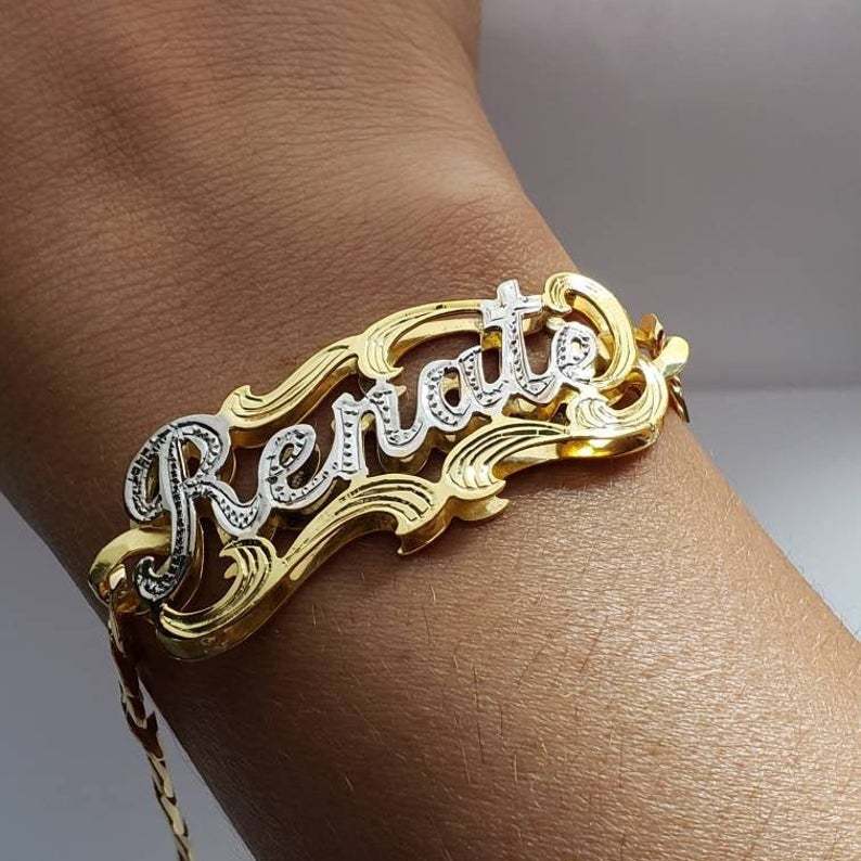 Double Layer Two Tone Name Bracelet and Crown Heart Necklace Custom Gold Plated Set-silviax