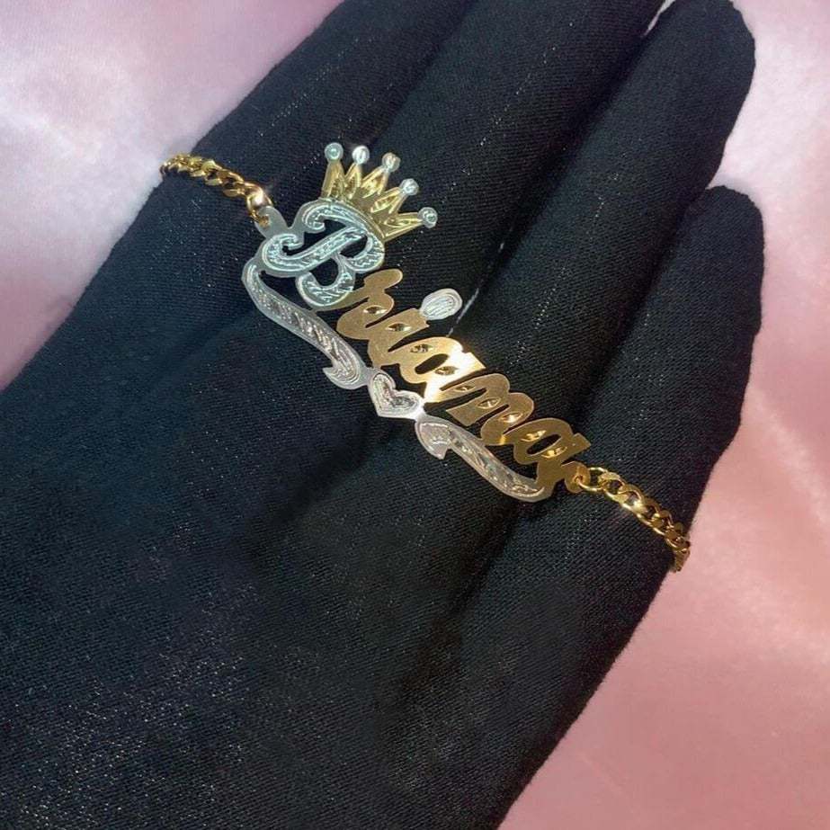 Two Tone Crown Love Heart Personalized Custom Gold Plated Name Anklet-silviax
