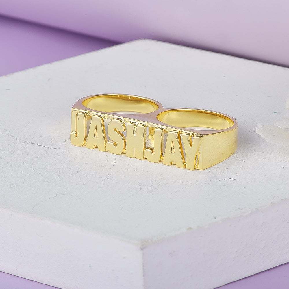 Double Finger Style Gold Plated Personalized Name Ring-silviax