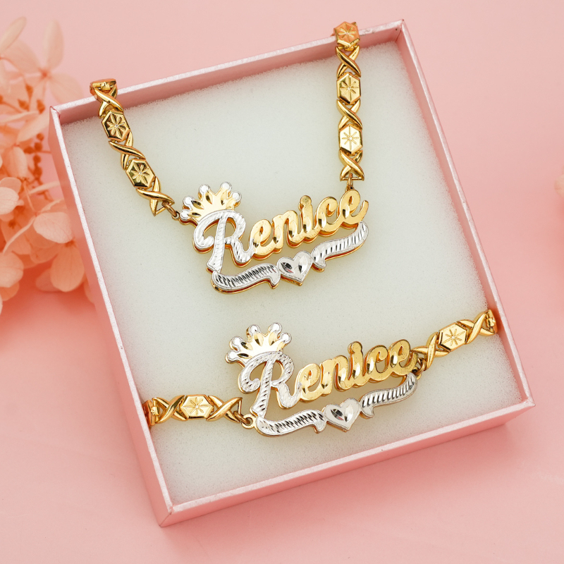 Double Layer Two Tone Crown Heart with XOXO Chain Personalized Custom Gold Plated Name Necklace And Bracelet Set-silviax