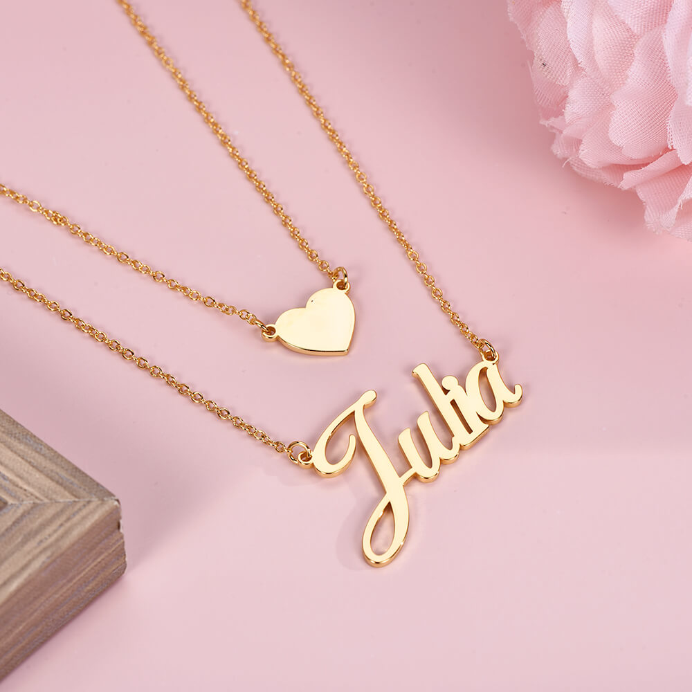 Double Chain With Heart Personalized Custom Gold Plated Name Necklace-silviax