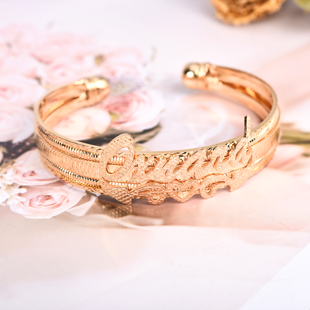 Angle Wing and Heart Personalized Custom Name Bracelet Bangle Gold Plated 