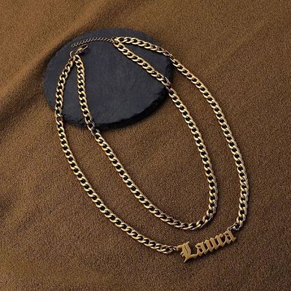 Double Layer Cuban Chain With Old English Font Nameplate Pendant Personalized Custom Gold Plated Name Necklace-silviax