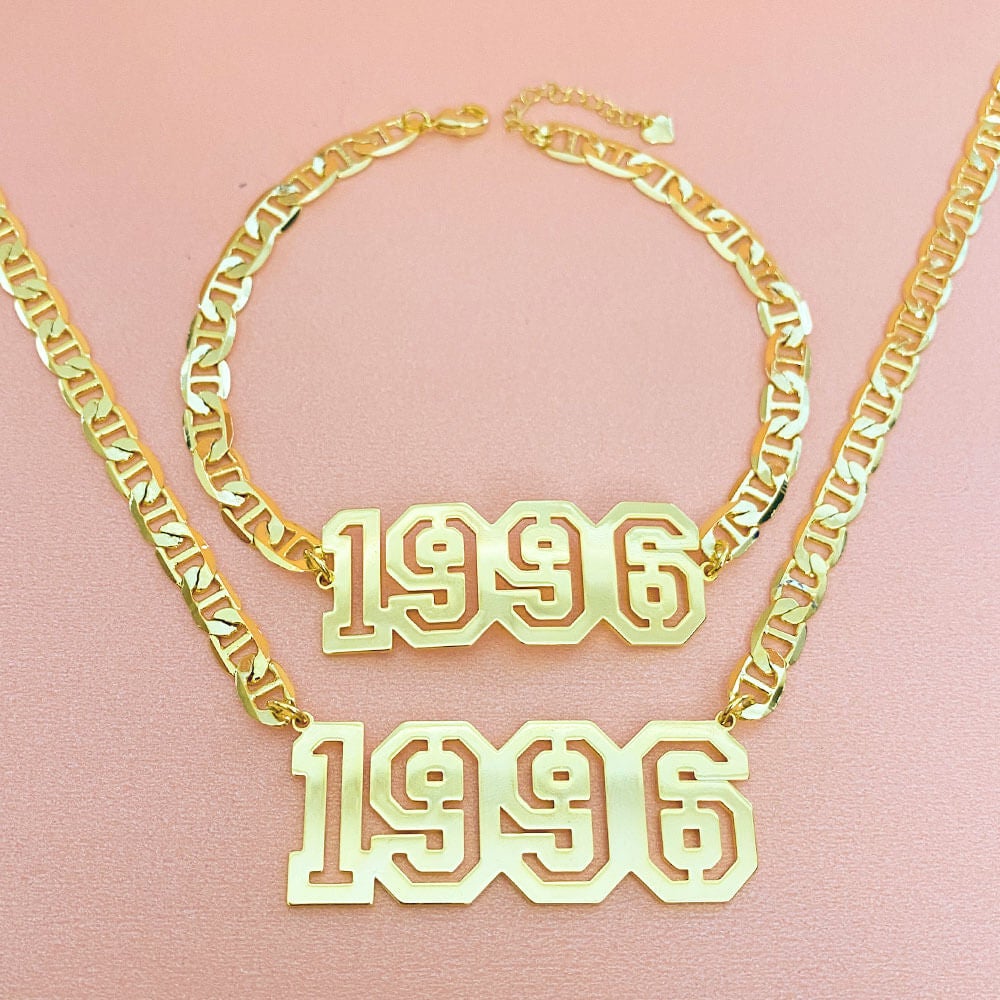 Hollow Number Year Name Plate Personalized Custom Gold Plated Necklace And Bracelet Set-silviax