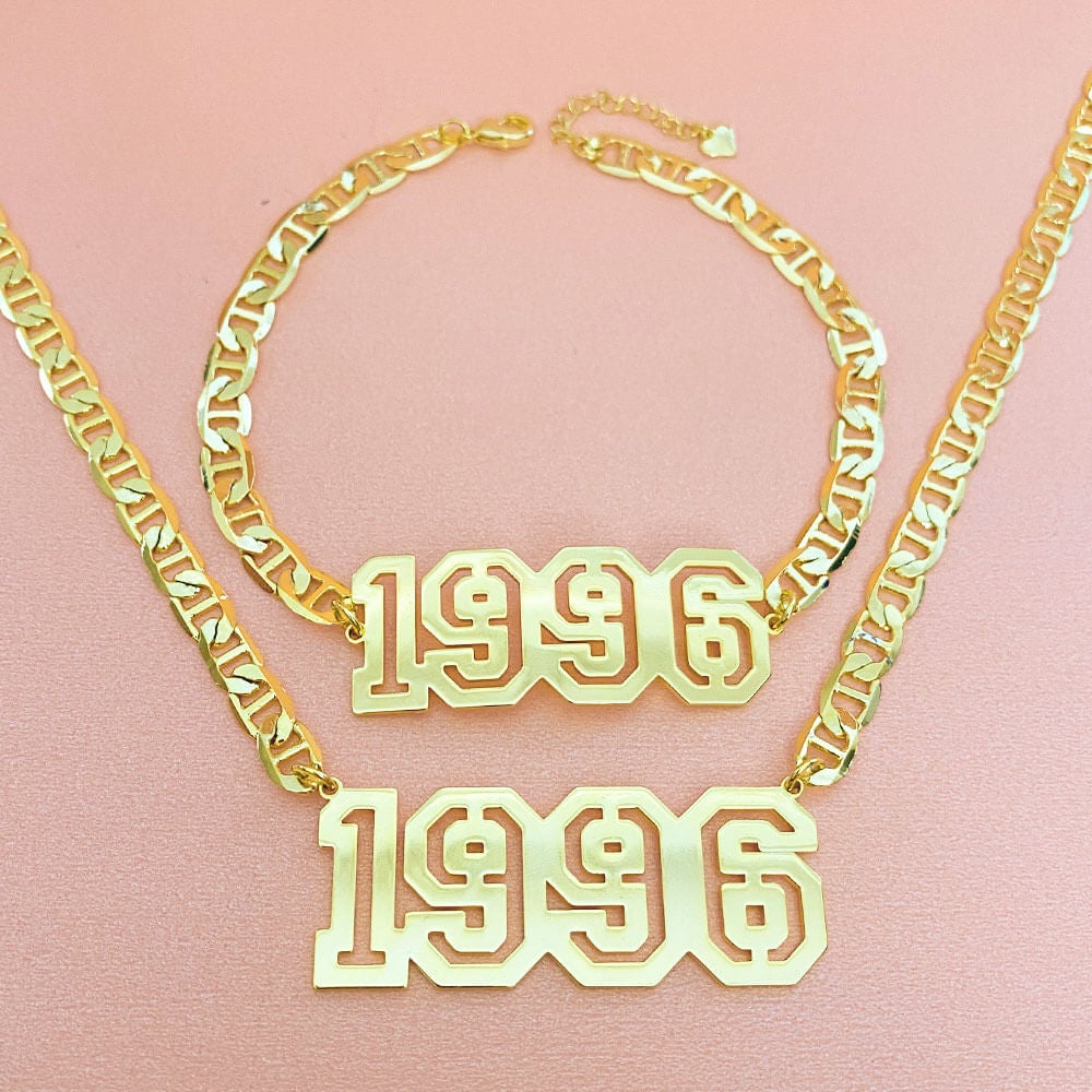 Hollow Number Year Name Plate Personalized Custom Gold Plated Necklace And Bracelet Set-silviax