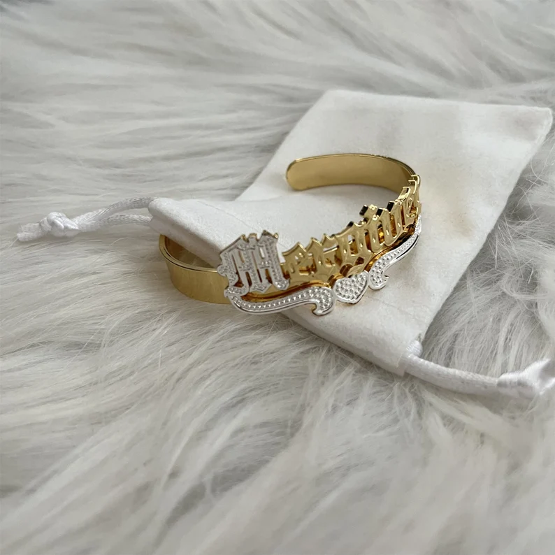 Old English Two Tone Nameplate with Crown Cuff Bangle Personalized Custom Gold Plated Name Bracelet-silviax