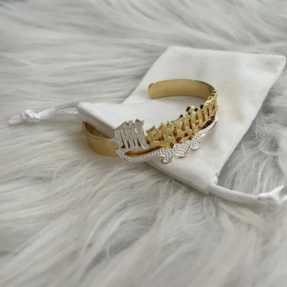 Old English Two Tone Nameplate with Crown Cuff Bangle Personalized Custom Gold Plated Name Bracelet-silviax