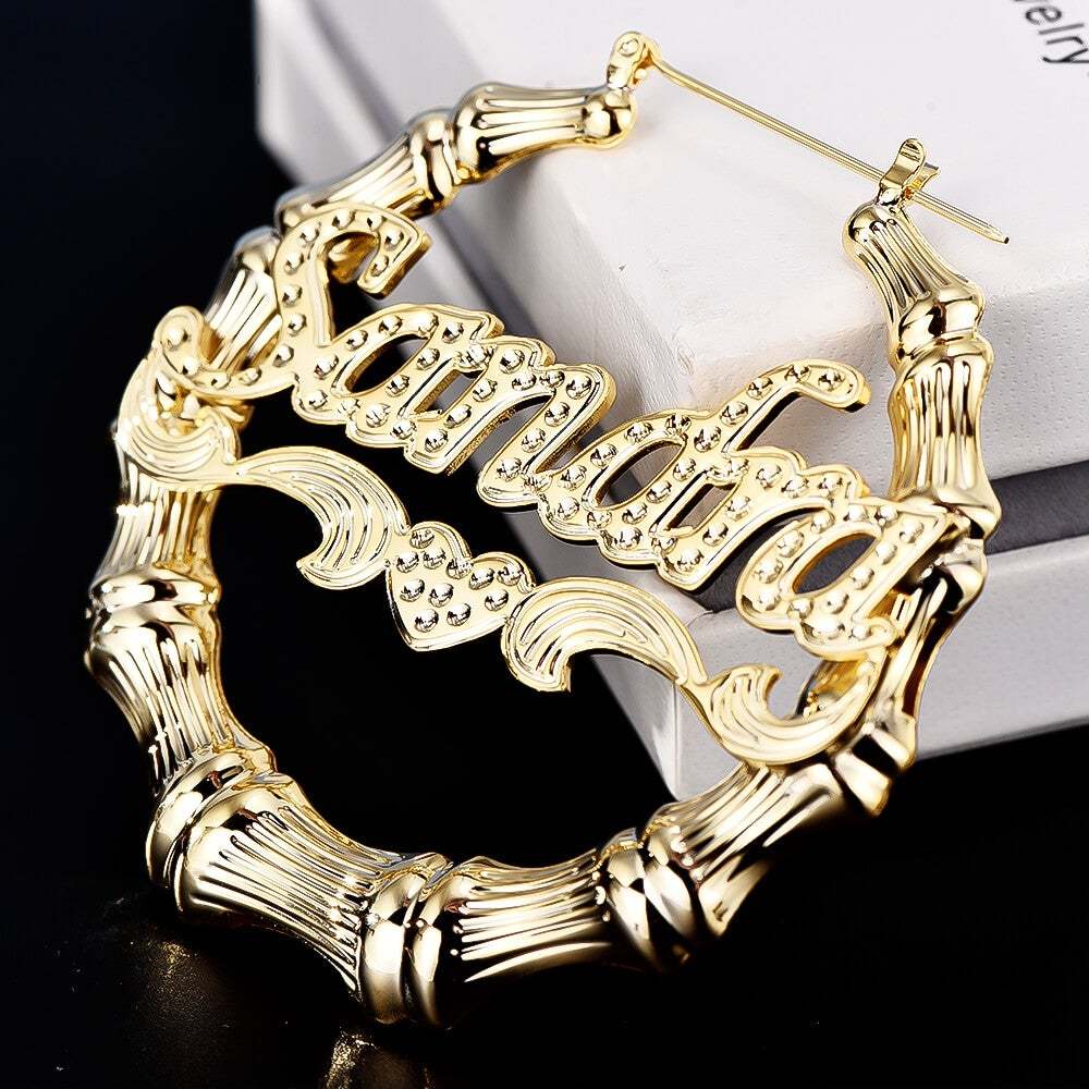 Bamboo Hoop Nameplate Love Heart Personalized Custom Bamboo Earrings Gold Plated Jewelry Gift for her-silviax