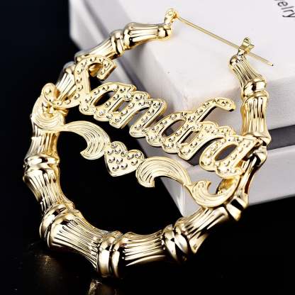 Bamboo Hoop Nameplate Love Heart Personalized Custom Bamboo Earrings Gold Plated Jewelry Gift for her-silviax