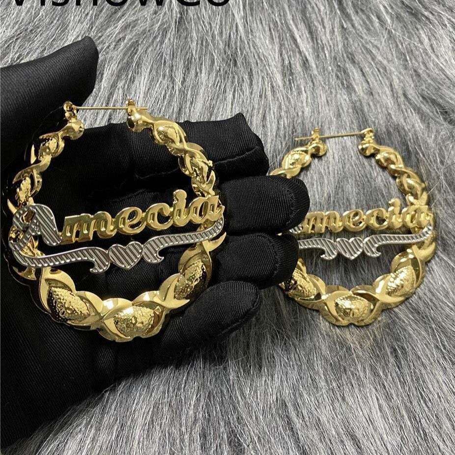 Two Tone XOXO Bamboo Hoop Name Earrings Gold Plated Personalized Custom with Heart-silviax